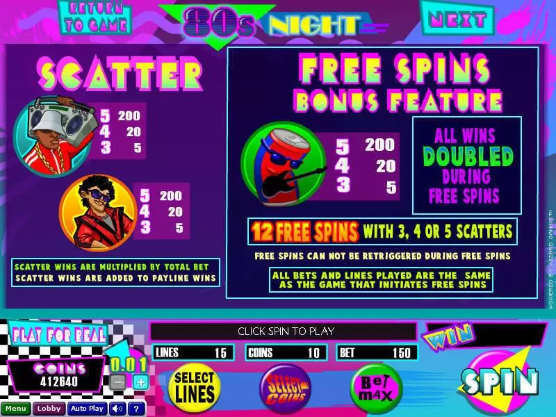 Info and Rules - 80s Night Wizard Gaming Slots Game
