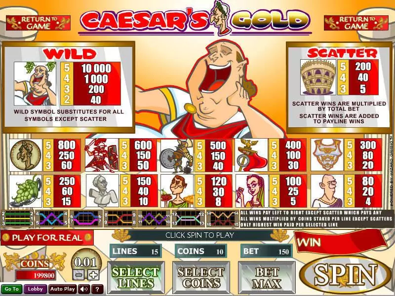 Info and Rules - Caesar's Gold Wizard Gaming Slots Game