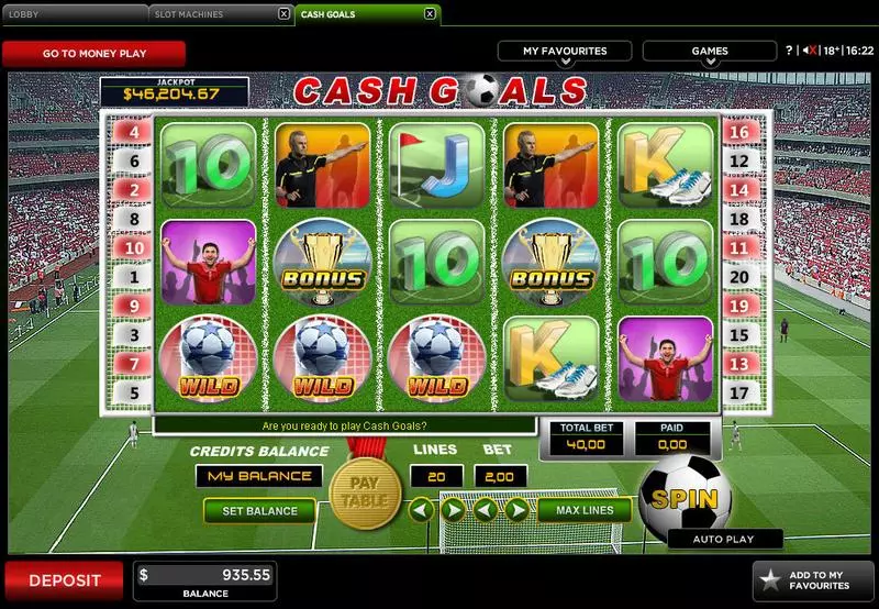 Main Screen Reels - Cash Goals 888 Slots Game