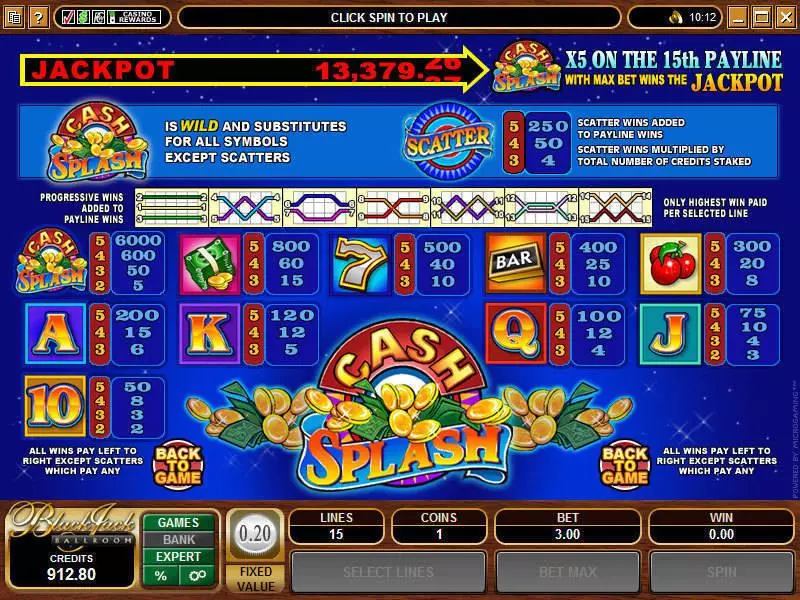 Info and Rules - Cash Splash 5-Reels Microgaming Slots Game
