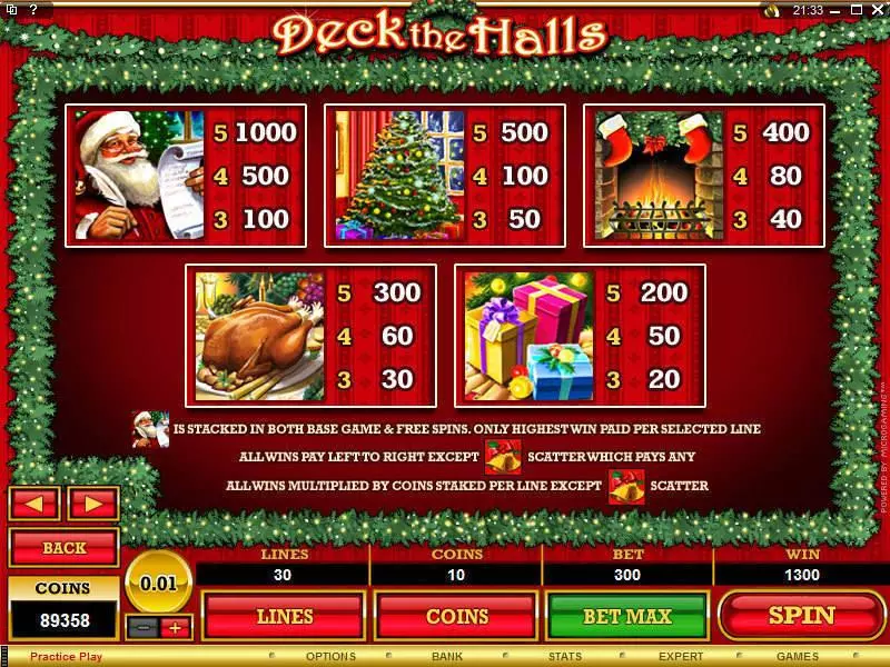 Info and Rules - Deck the Halls Microgaming Slots Game
