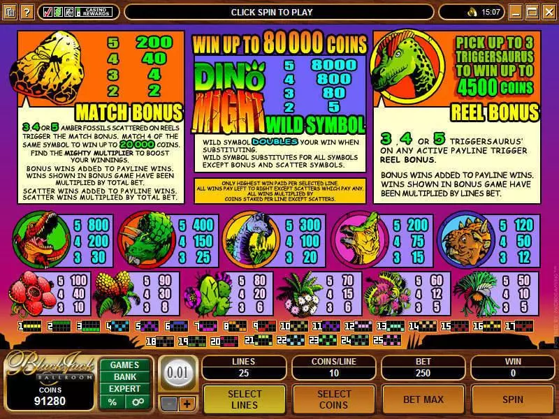 Info and Rules - Dino Might Microgaming Slots Game
