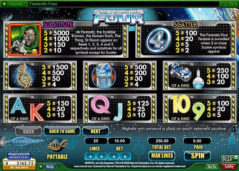 Info and Rules - Fantastic Four 888 Slots Game