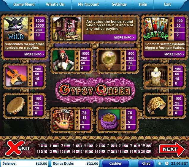 Info and Rules - Gypsy Queen Leap Frog Slots Game