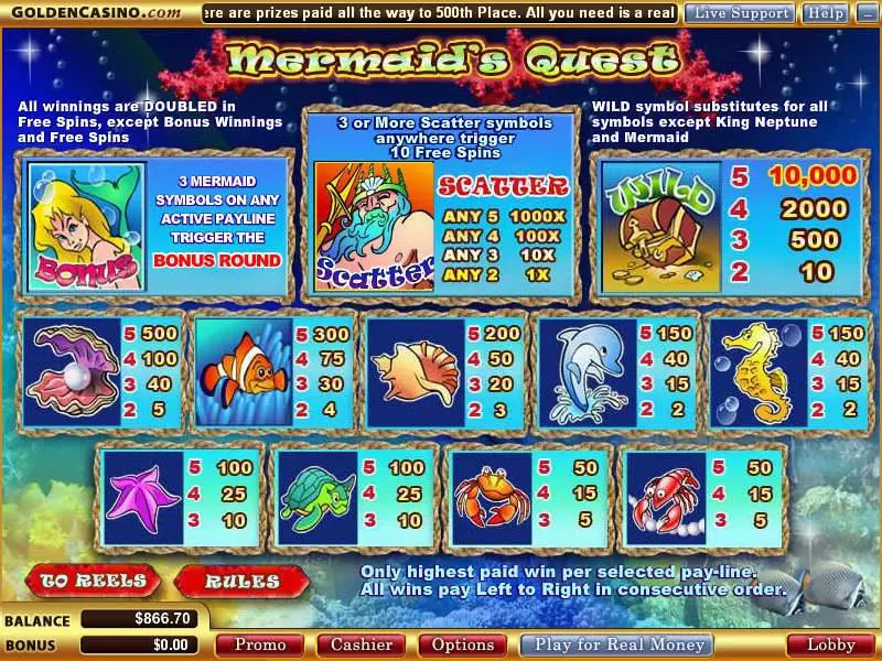 Info and Rules - Mermaid's Quest WGS Technology Slots Game