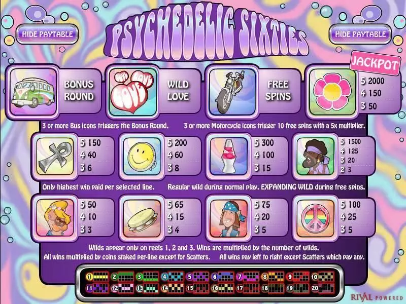 Info and Rules - Psychedelic Sixties Rival Slots Game