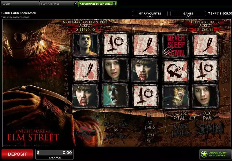 Main Screen Reels - A Nightmare on Elm Street 888 Slots Game