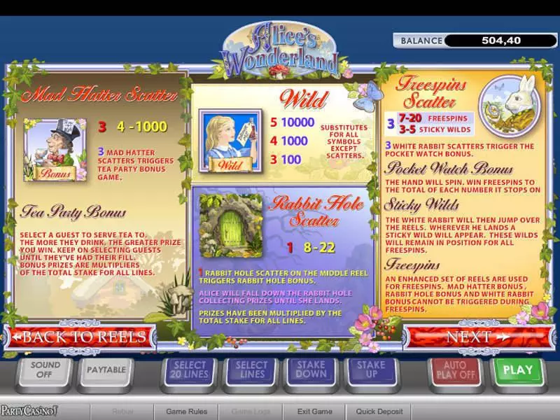 Info and Rules - Alice's Wonderland PlayTech Slots Game