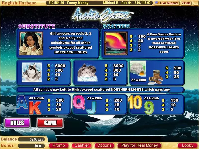 Info and Rules - Arctic Queen Vegas Technology Slots Game