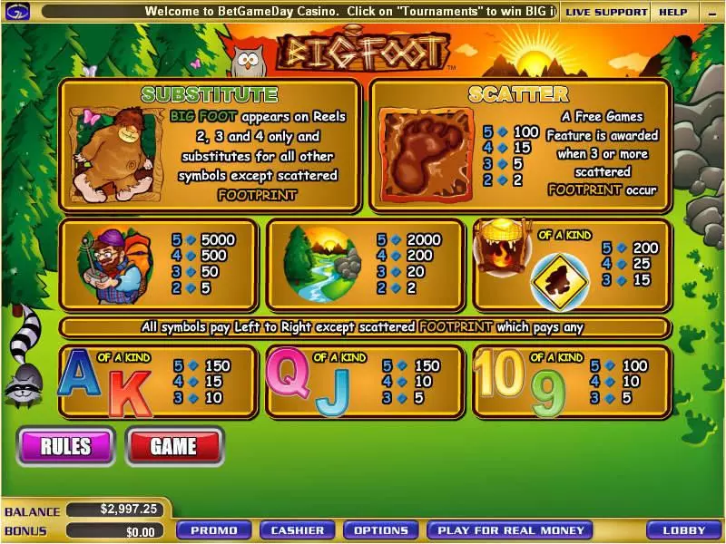 Info and Rules - Big Foot WGS Technology Slots Game