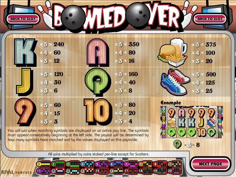 Info and Rules - Bowled Over Rival Slots Game