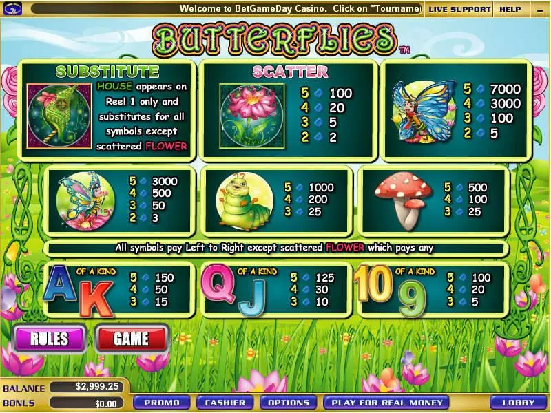 Info and Rules - Butterflies WGS Technology Slots Game