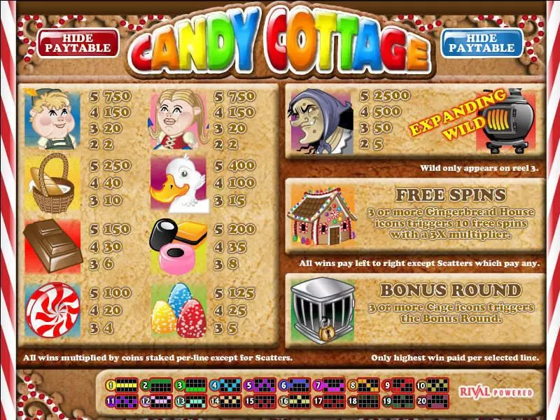 Info and Rules - Candy Cottage Rival Slots Game