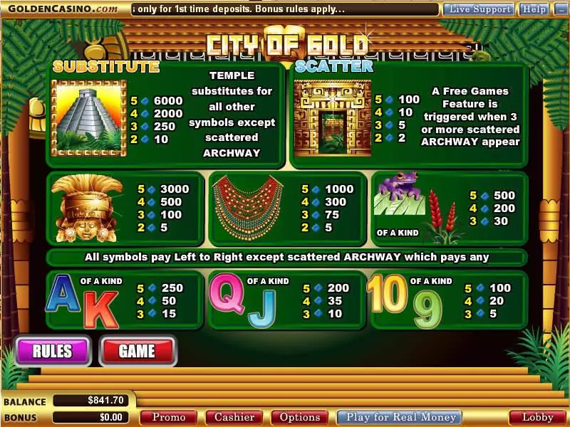 Info and Rules - City of Gold WGS Technology Slots Game