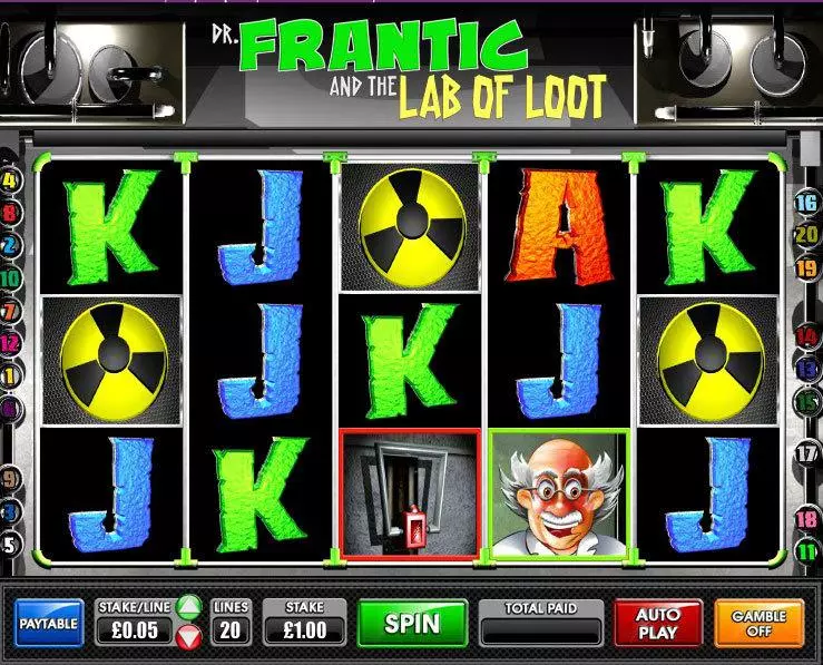 Main Screen Reels - Dr.Frantic and the Lab of Loot Games Warehouse Slots Game