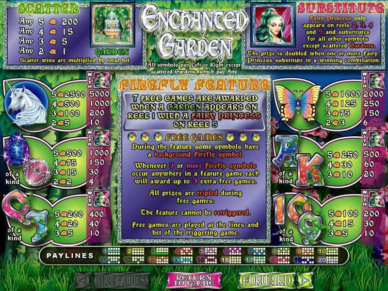 Info and Rules - Enchanted Garden RTG Slots Game