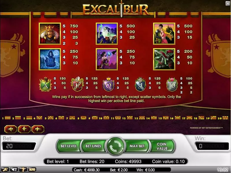 Info and Rules - Excalibur NetEnt Slots Game