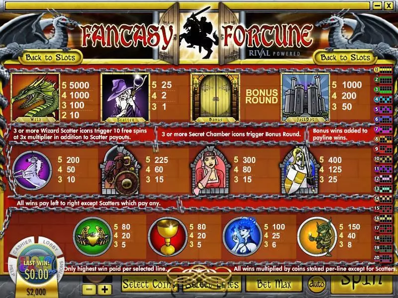Info and Rules - Fantasy Fortune Rival Slots Game
