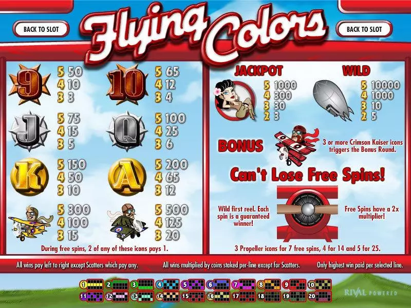 Info and Rules - Flying Colors Rival Slots Game