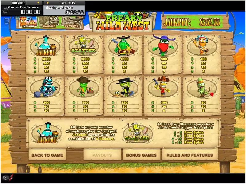 Info and Rules - Freaky Wild West GamesOS Slots Game