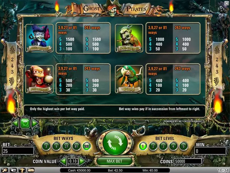 Info and Rules - Ghost Pirates NetEnt Slots Game