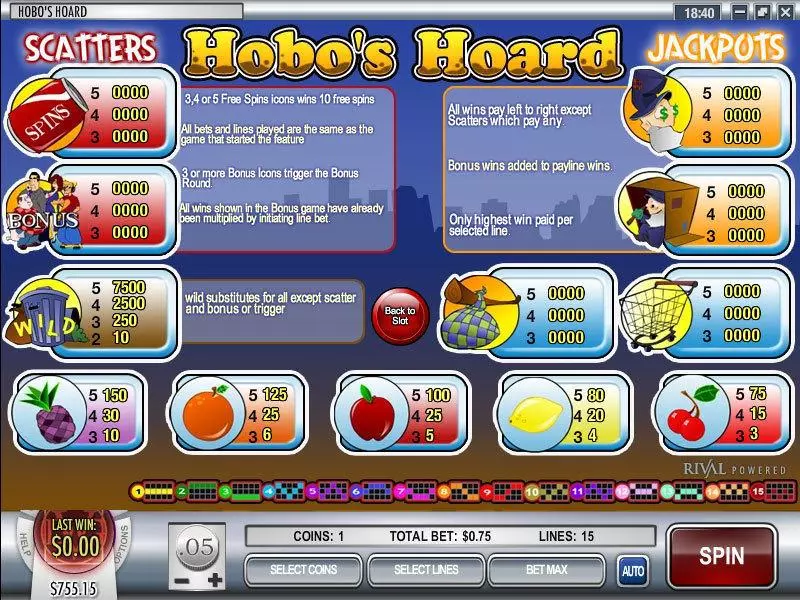 Info and Rules - Hobo's Hoard Rival Slots Game