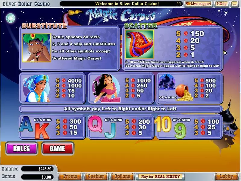 Info and Rules - Magic Carpet WGS Technology Slots Game
