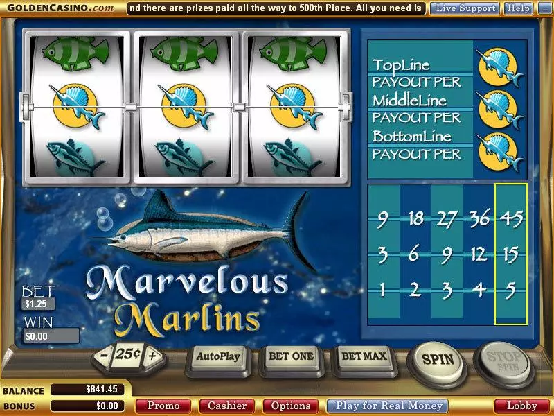 Main Screen Reels - Marvelous Marlins WGS Technology Slots Game
