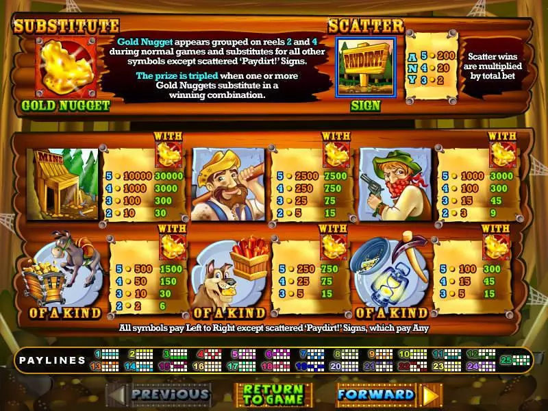 Info and Rules - Paydirt! RTG Slots Game