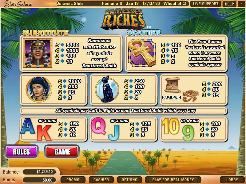 Info and Rules - Ramesses Riches WGS Technology Slots Game