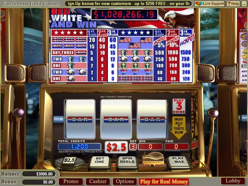 Main Screen Reels - Red White and Win WGS Technology Slots Game