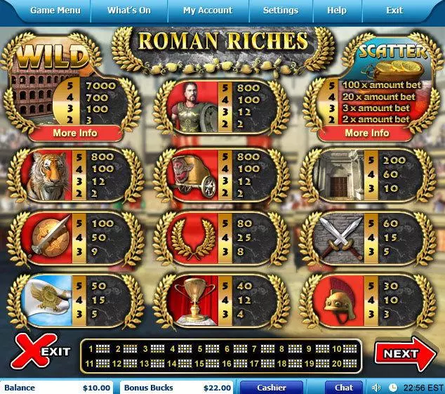 Info and Rules - Roman Riches Leap Frog Slots Game