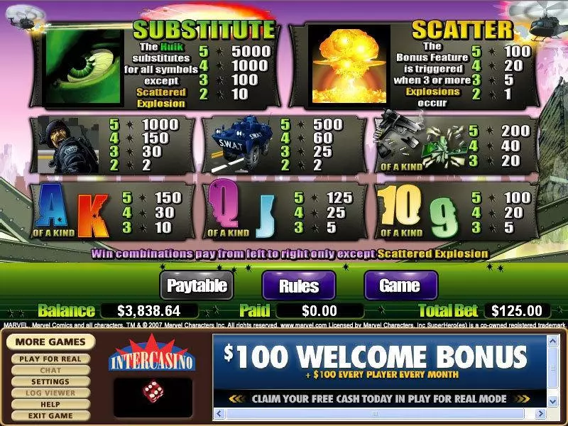 Info and Rules - The Incredible Hulk - Ultimate Revenge CryptoLogic Slots Game