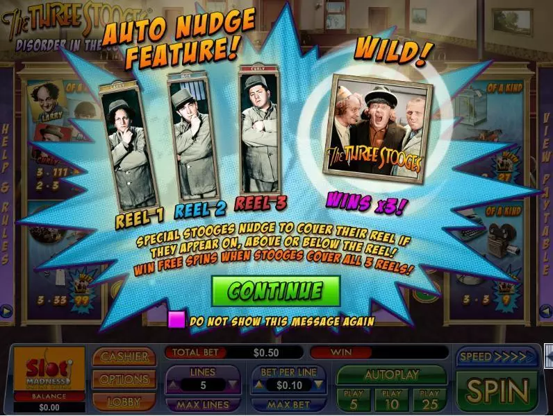 Info and Rules - The Three Stooges Disorder in the Court NuWorks Slots Game