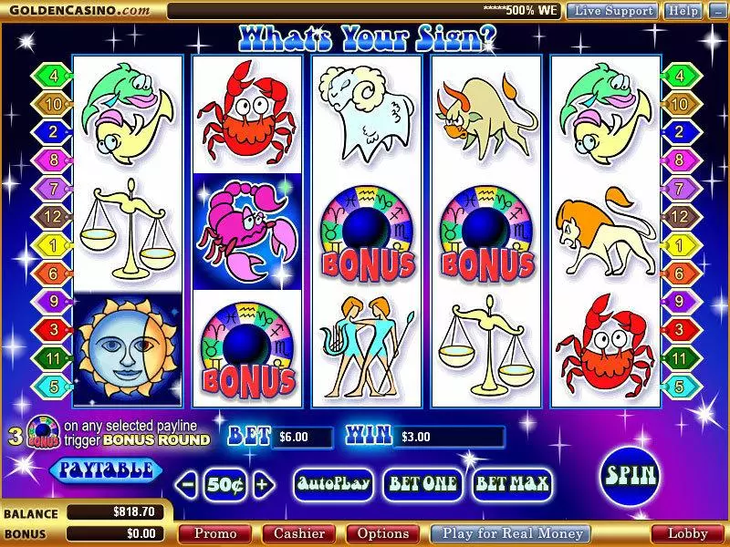 Main Screen Reels - What's Your Sign WGS Technology Slots Game